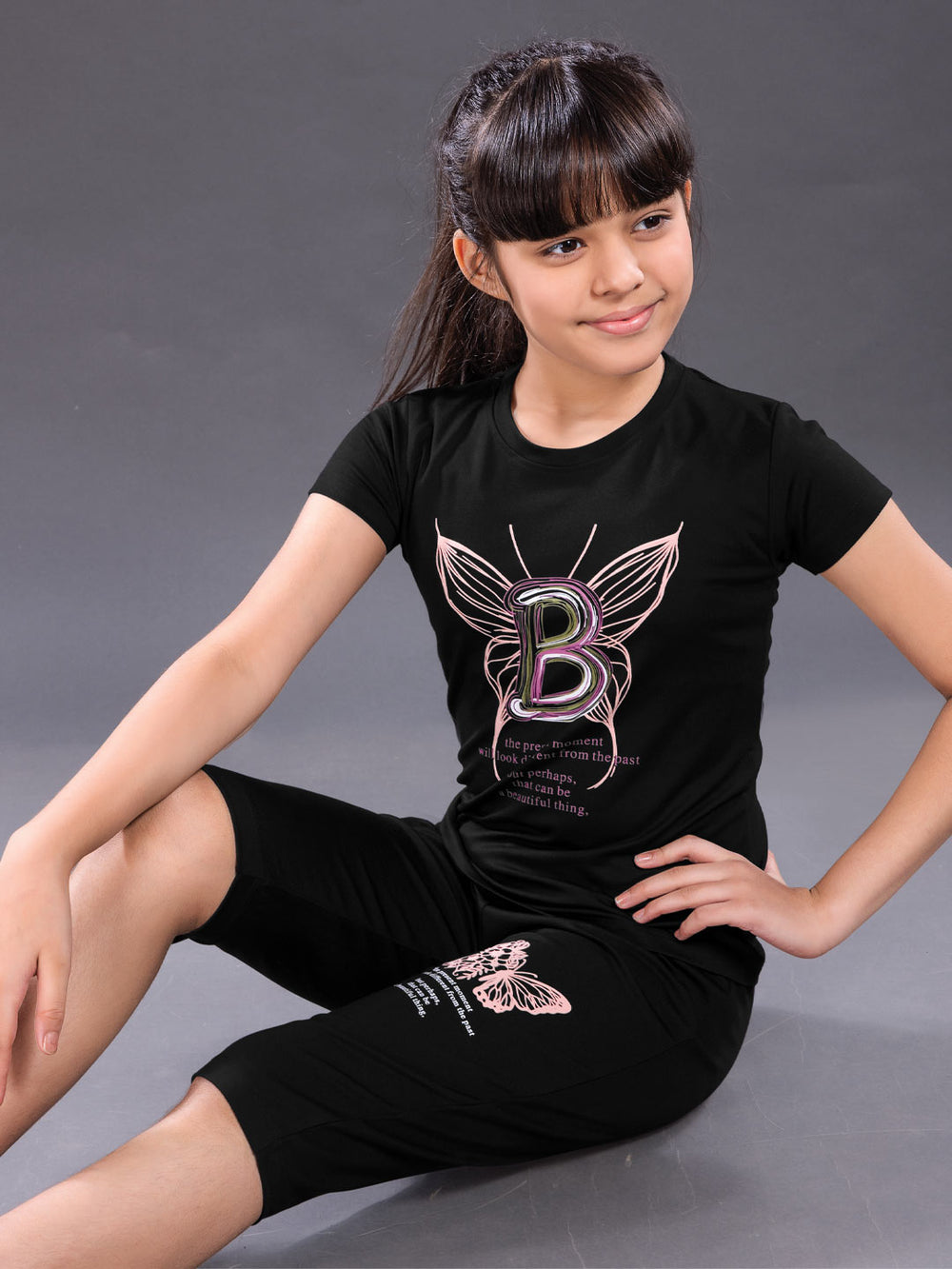 fg g-3767 girls printed 3/4th set color black