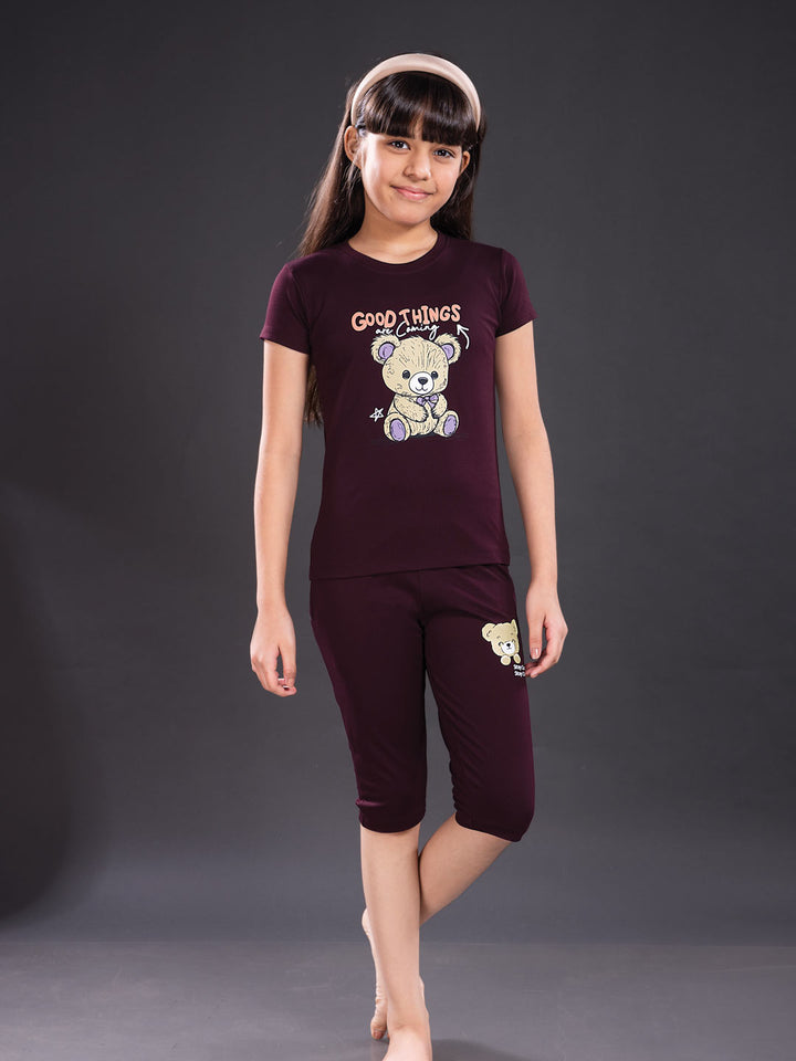 fg g-3767 girls printed 3/4th set color wine berry