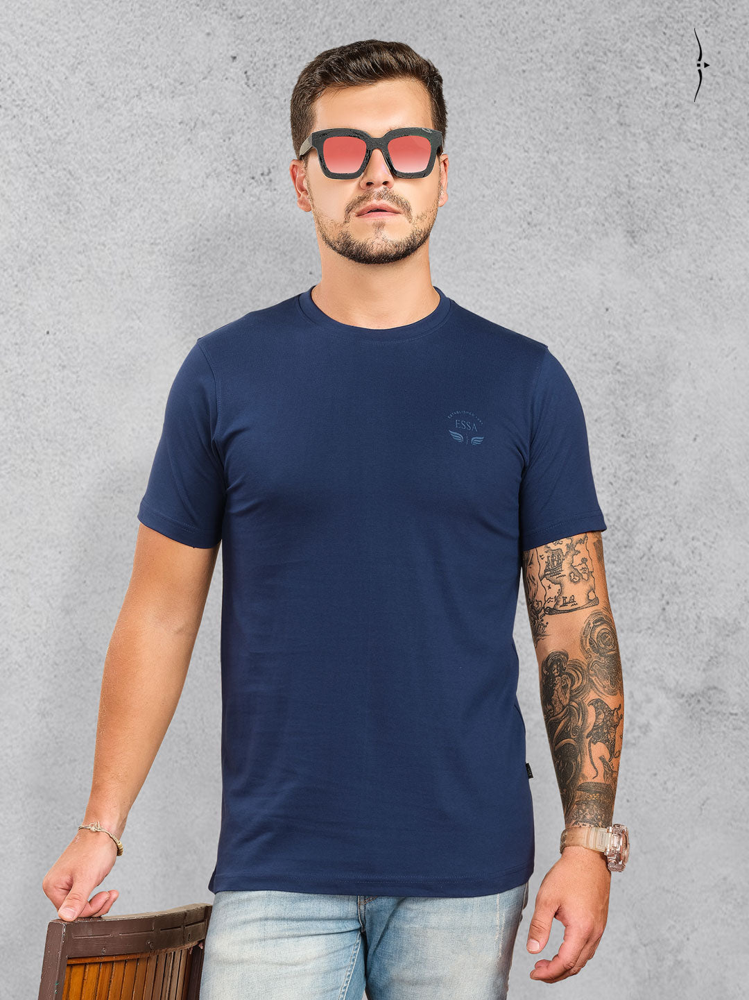 genuine-401 round neck half sleeve navy blue tshirt for men#color_cloud-burst