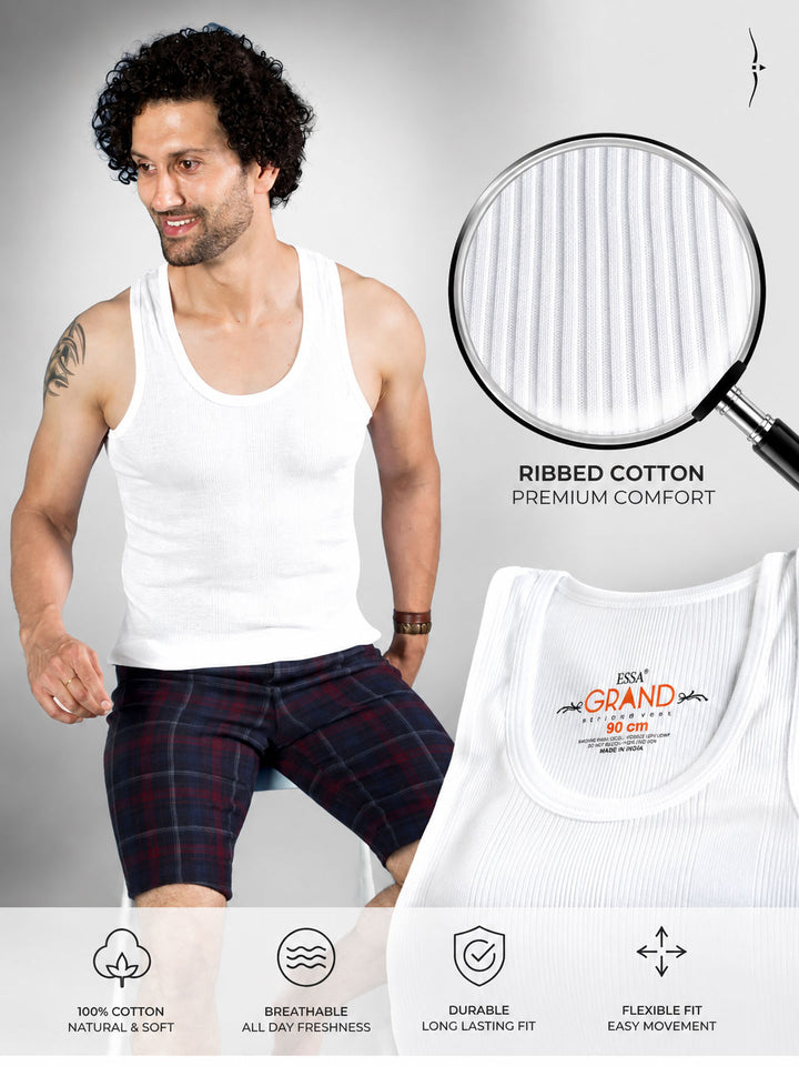 A man wearing a white ribbed cotton tank top and plaid shorts is shown beside a close-up of the tank top's ribbed fabric and a folded view of the same shirt. Text highlights ribbed cotton premium comfort, with feature icons along the bottom.