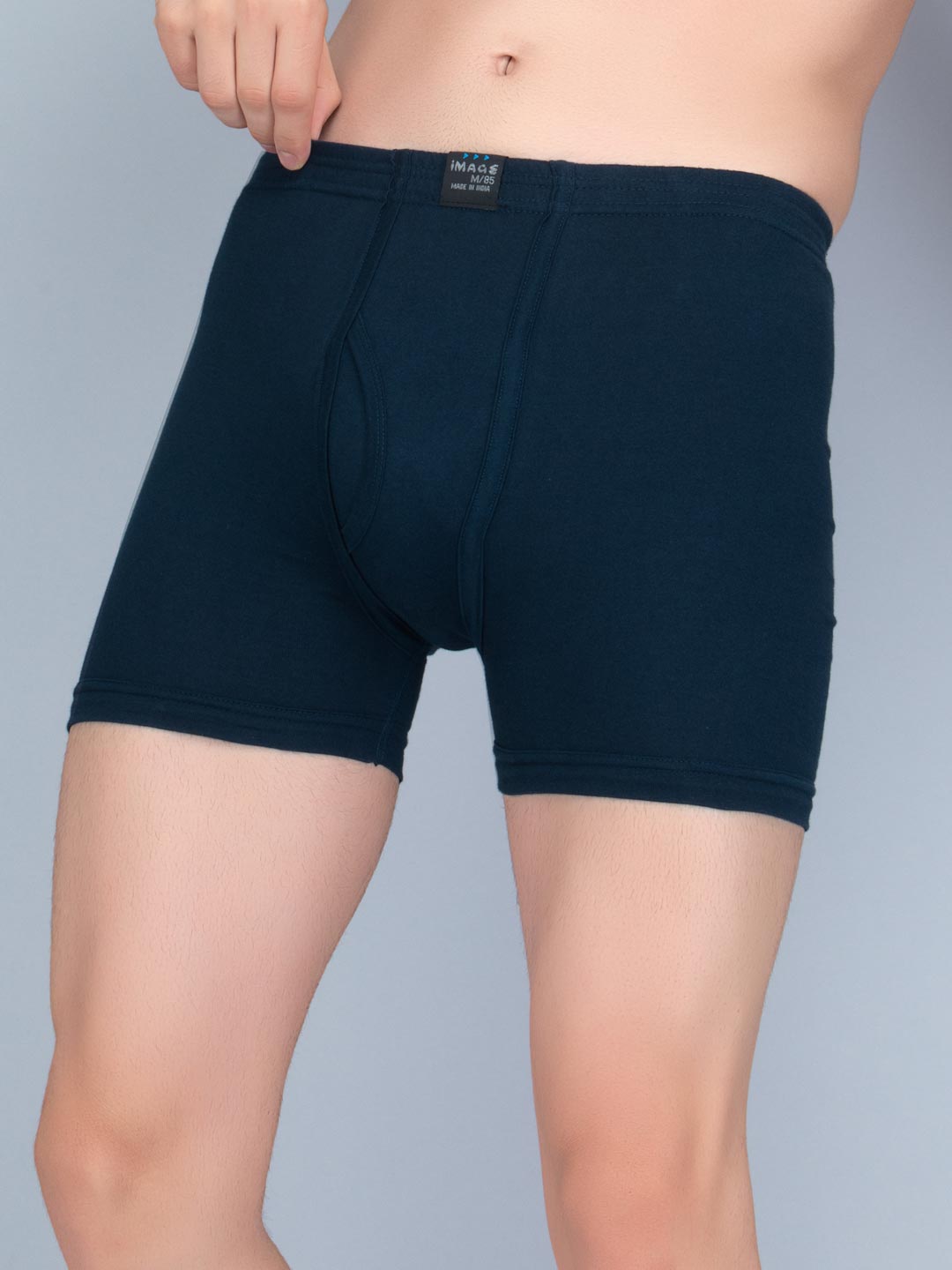 Navy blue boxer briefs worn by a person on a gray background image cotton plain trunk for men dark green color-essa garments#color_gable-green