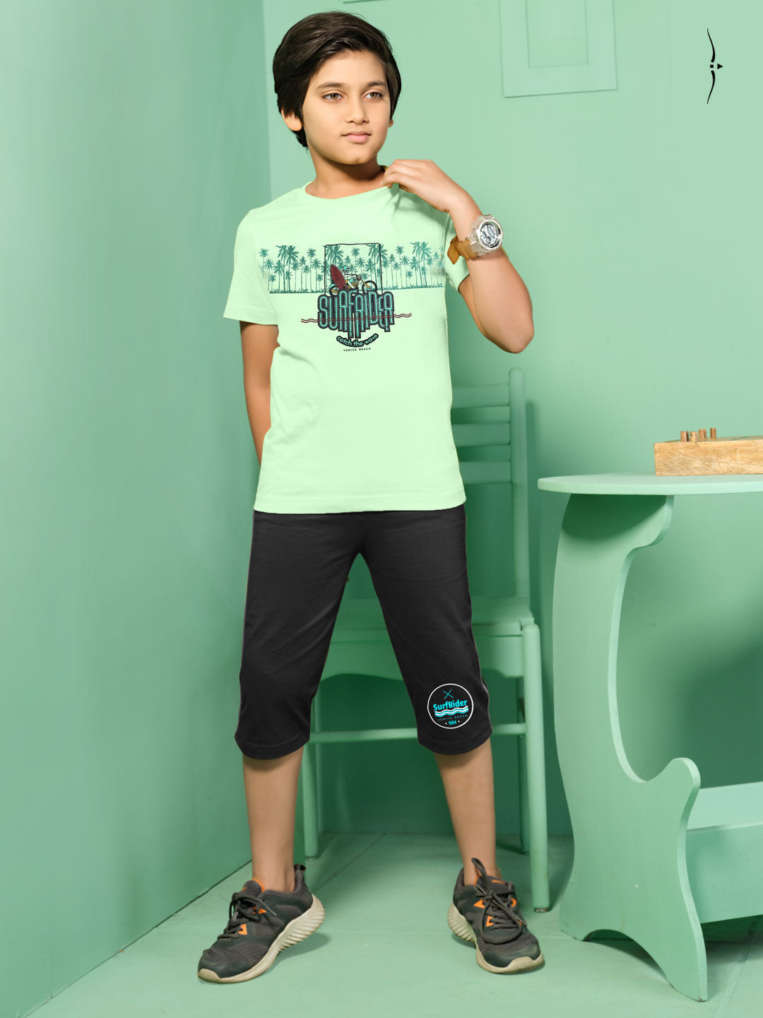 casual crew neck 3/4th set for boys green color-essa garments#color_green-black