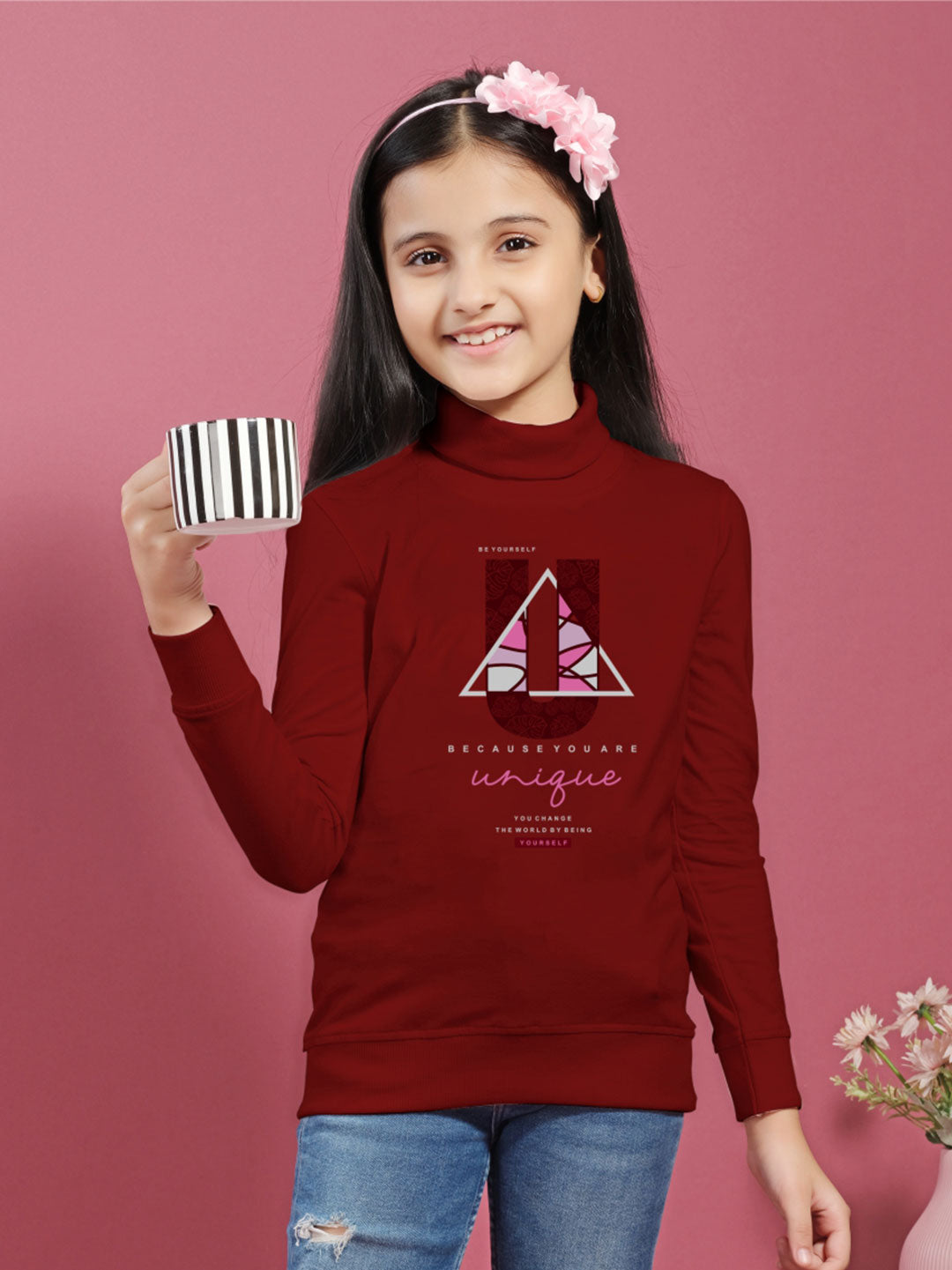 afra hi neck t-shirt for girls #color_maroon