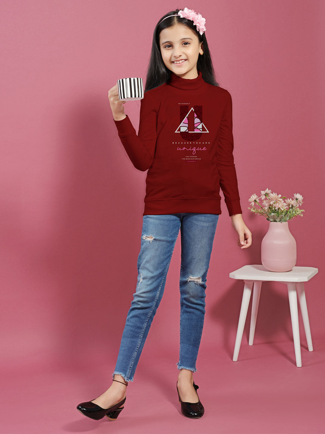 afra hi neck t-shirt for girls #color_maroon