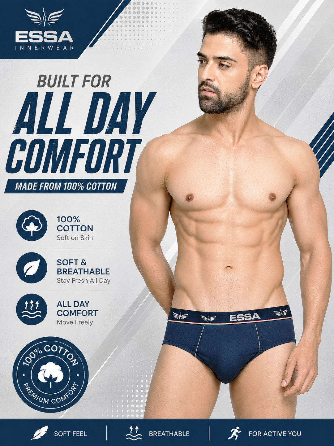A male model wearing ESSA brand navy blue underwear is featured on a promotional graphic background with text highlighting 'Built for All Day Comfort' and 'Made from 100% Cotton'.smarto mini cotton briefs for men-essa garments#color_rhino