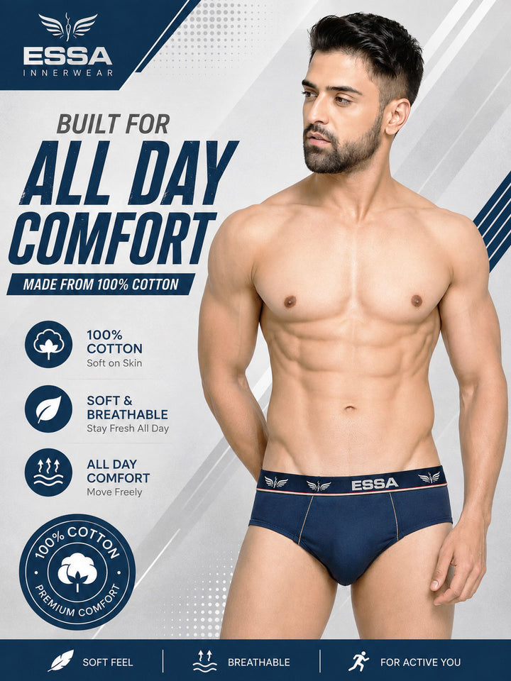 A male model wearing ESSA brand navy blue underwear is featured on a promotional graphic background with text highlighting 'Built for All Day Comfort' and 'Made from 100% Cotton'.smarto mini cotton briefs for men-essa garments#color_rhino