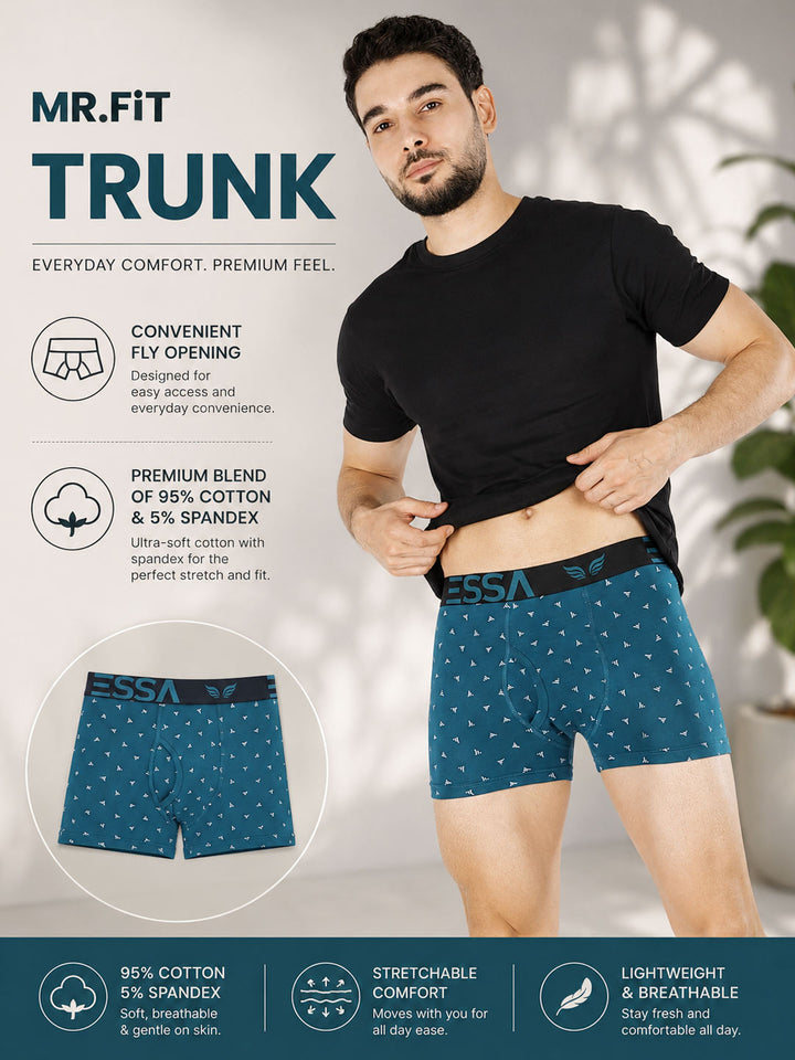 A man modeling blue patterned boxer briefs with a black shirt, shown on a promotional graphic for Mr. Fit Trunk. #color_deep-teal