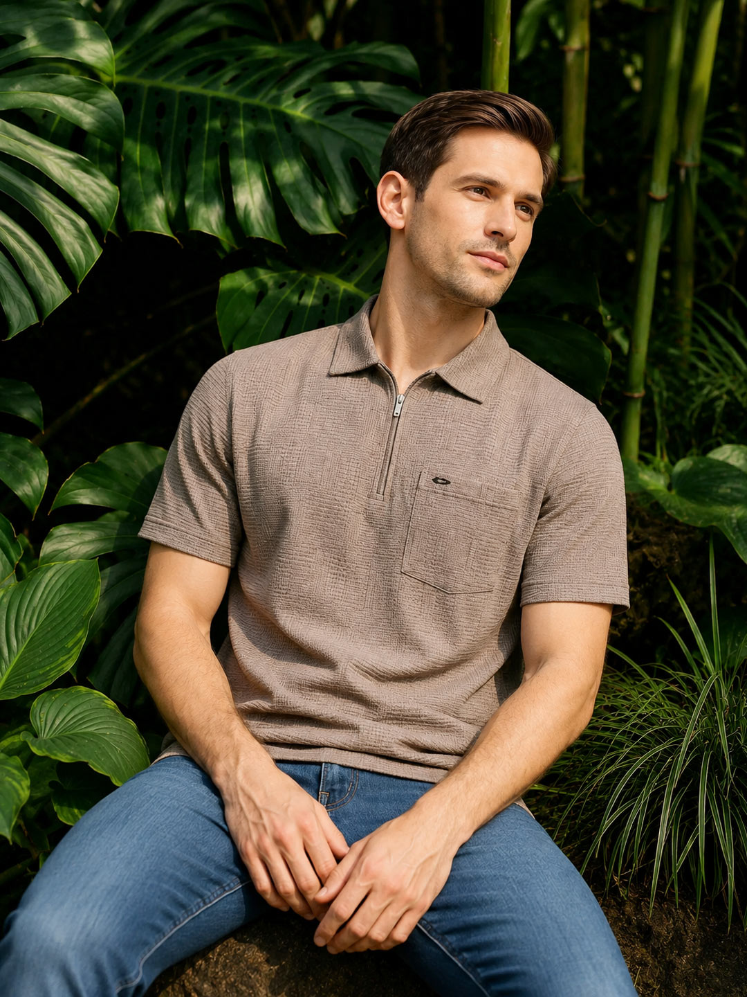 A man wearing a taupe brown short-sleeve polo shirt with a half-zip collar and blue jeans, sitting in front of a lush background of green tropical leaves and bamboo.