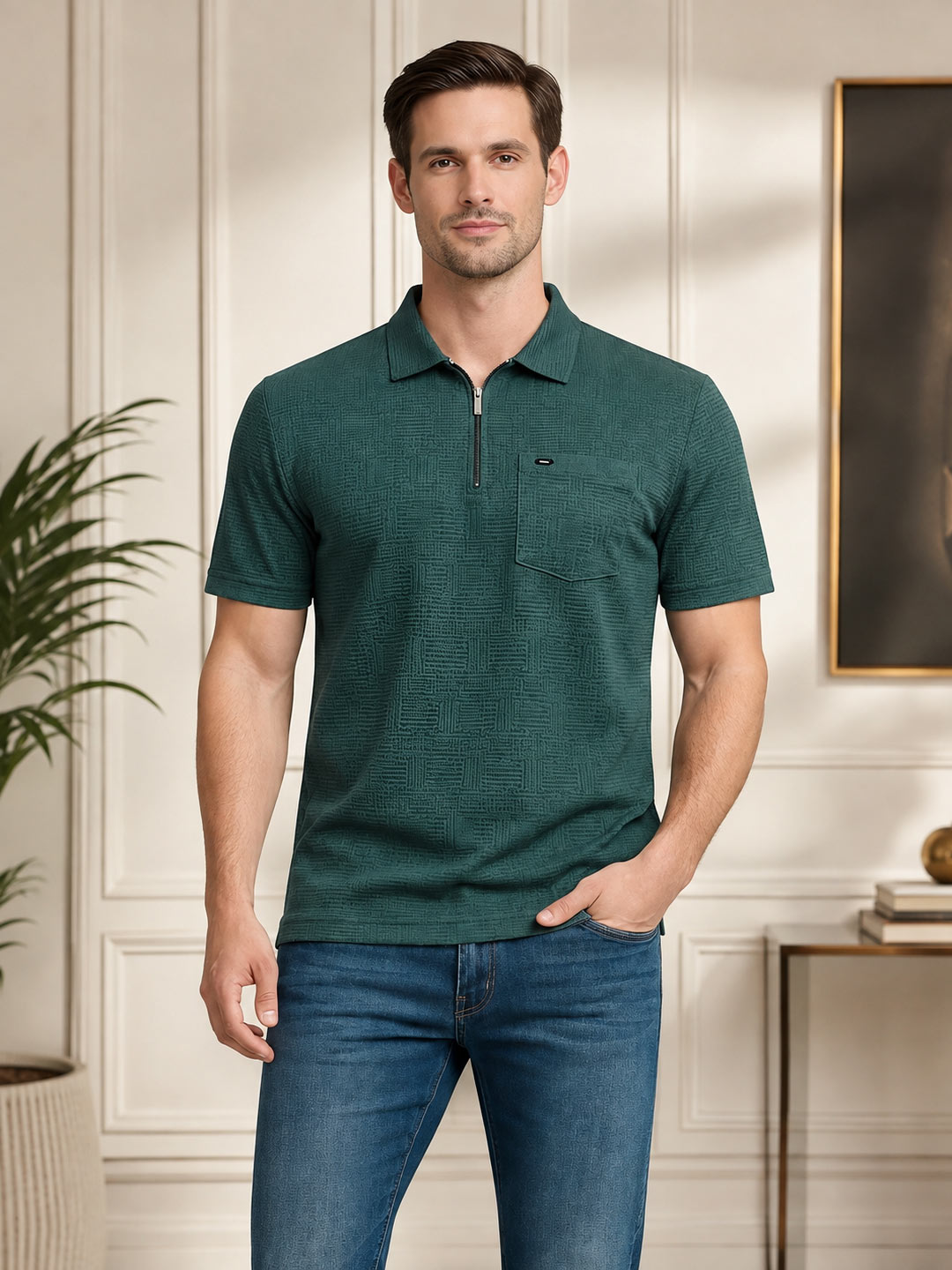 A man wearing a dark green short-sleeve polo shirt with a half-zip collar and blue jeans, standing in a bright, modern room with white paneled walls.